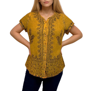 144 B Medieval  Embroidered Button Down Cap Sleeve Shirt Blouse