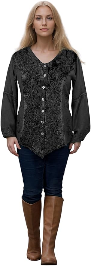 Rich Exotic Gothic Rayon Velvet Button Down Blouse Velvet Embroidered Top Blouse