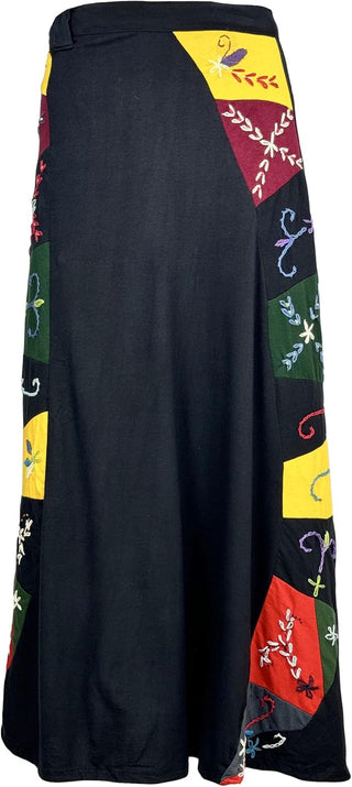 406 Skt Rib Knit Cotton Stripe Patched Bohemian Adjustable Wrapper Skirt Maxi  - Agan Traders, Black
