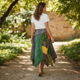 Women's Gypsy Tribal Boho Knit Cotton Asymmetrical Patch Skirt ~ 410 SKT