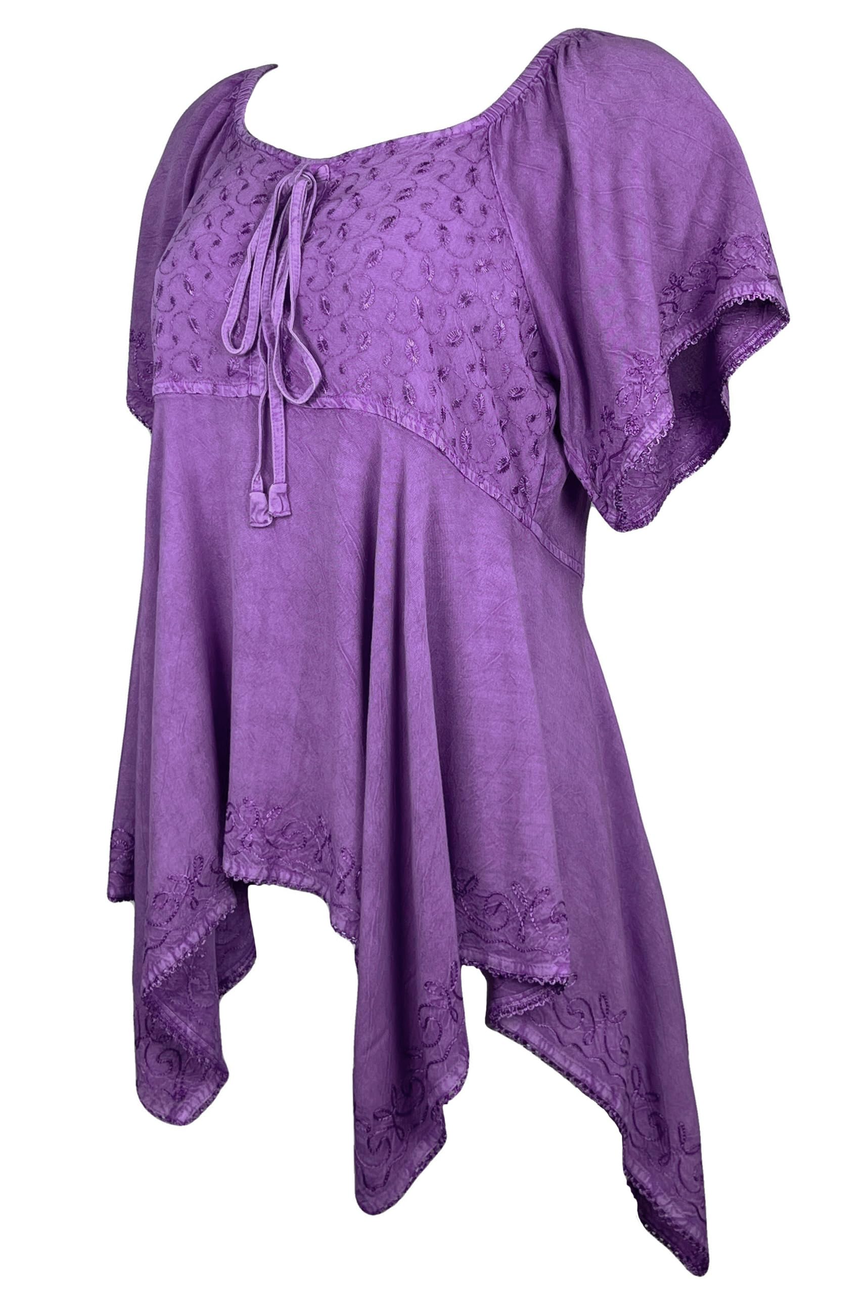 18 605 B Bohemian Asymmetrical Hem Front Rope Tie Short Sleeve Blouse ...