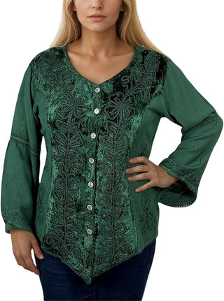 Rich Exotic Gothic Rayon Velvet Button Down Blouse Velvet Embroidered Top Blouse