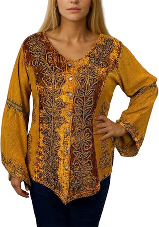 Rich Exotic Gothic Rayon Velvet Button Down Blouse Velvet Embroidered Top Blouse