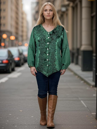 Rich Exotic Gothic Rayon Velvet Button Down Blouse Velvet Embroidered Top Blouse