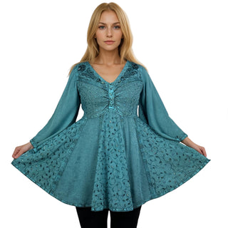 186026 B Medieval Butterfly Embroidered Beaded Bell Sleeve Top Blouse Tunic - Agan Traders, Turquoise