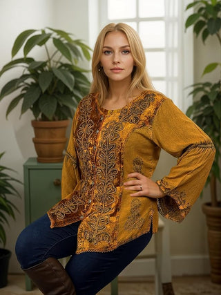 Rich Exotic Gothic Rayon Velvet Button Down Blouse Velvet Embroidered Top Blouse