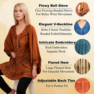 Women's Roman Butterfly Bell Sleeve Flare Hem Embroidered Sequin Tunic ~ 116 B