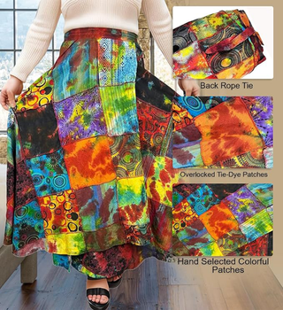 407 WS Cotton Gypsy Flower Diamond Patched Tie Dye Wrap Skirt - Agan Traders, Rainbow 