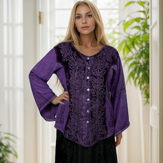 Rich Exotic Gothic Rayon Velvet Button Down Blouse Velvet Embroidered Top Blouse