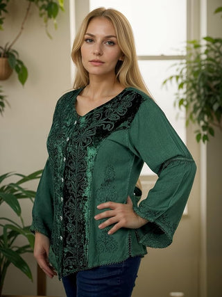 Rich Exotic Gothic Rayon Velvet Button Down Blouse Velvet Embroidered Top Blouse