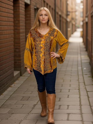Rich Exotic Gothic Rayon Velvet Button Down Blouse Velvet Embroidered Top Blouse