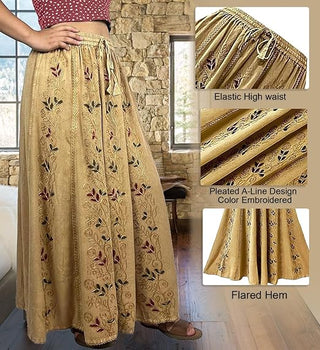 Women's Medieval Vintage Boho Embroidered Elastic Waistband Long Panel Skirt Maxi ~ 712 Skt
