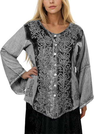 Rich Exotic Gothic Rayon Velvet Button Down Blouse Velvet Embroidered Top Blouse