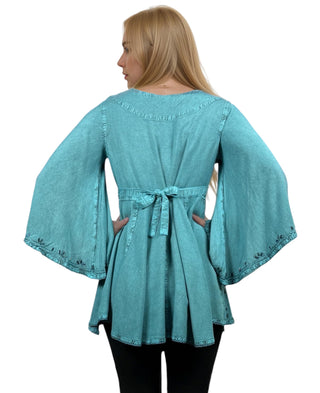 186026 B Medieval Butterfly Embroidered Beaded Bell Sleeve Top Blouse Tunic - Agan Traders, Turquoise