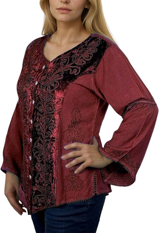 Rich Exotic Gothic Rayon Velvet Button Down Blouse Velvet Embroidered Top Blouse