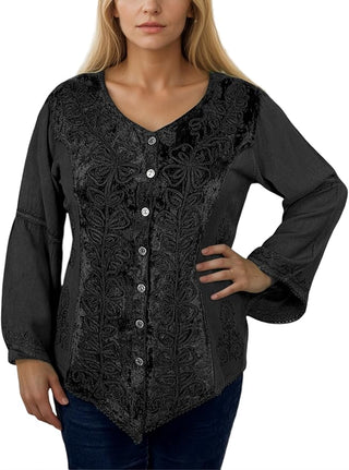 Rich Exotic Gothic Rayon Velvet Button Down Blouse Velvet Embroidered Top Blouse