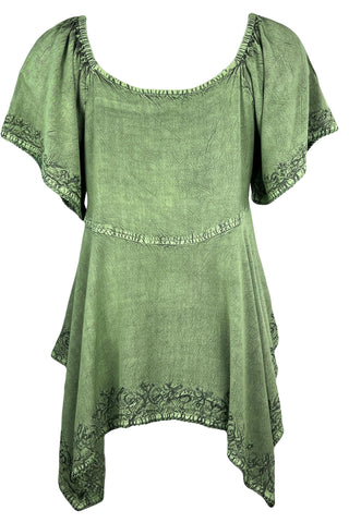 18605 B Bohemian Asymmetrical Hem Front Rope Tie Short Sleeve Blouse - Agan Traders, Green