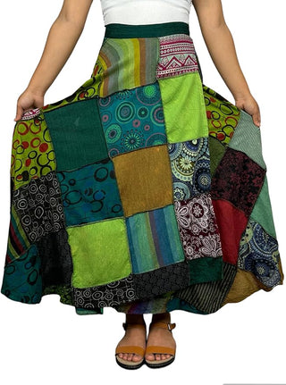 WS 411 Women's Hippie Long Wrap Patch Cotton Boho Renaissance Skirt Maxi - Agan Traders, Green_Multi