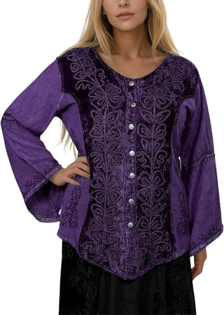 Rich Exotic Gothic Rayon Velvet Button Down Blouse Velvet Embroidered Top Blouse
