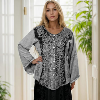 Rich Exotic Gothic Rayon Velvet Button Down Blouse Velvet Embroidered Top Blouse