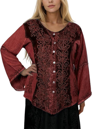 Rich Exotic Gothic Rayon Velvet Button Down Blouse Velvet Embroidered Top Blouse
