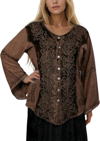 Rich Exotic Gothic Rayon Velvet Button Down Blouse Velvet Embroidered Top Blouse