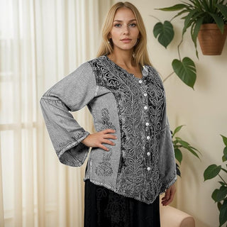Rich Exotic Gothic Rayon Velvet Button Down Blouse Velvet Embroidered Top Blouse