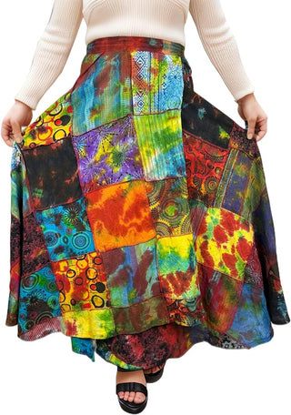 407 WS Cotton Gypsy Flower Diamond Patched Tie Dye Wrap Skirt - Agan Traders, Rainbow 