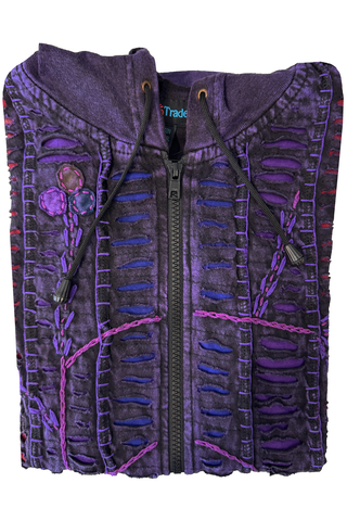 51 RJ Purple Distressed Bohemian Razor  Embroidered Hoodie Sweatshirt Rib Jacket