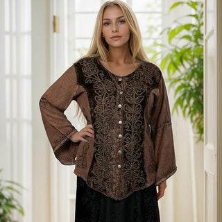 Rich Exotic Gothic Rayon Velvet Button Down Blouse Velvet Embroidered Top Blouse