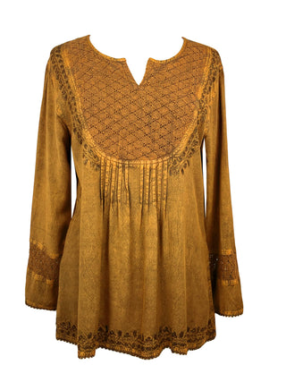 9001 B Women's Bohemian Vintage Embroidered Pleated Mesh Embroidered Blouse