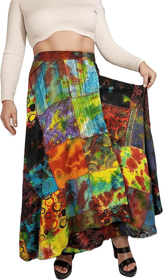 407 WS Cotton Gypsy Flower Diamond Patched Tie Dye Wrap Skirt - Agan Traders, Rainbow 