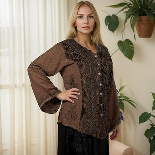 Rich Exotic Gothic Rayon Velvet Button Down Blouse Velvet Embroidered Top Blouse