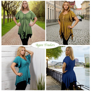 18605 B Bohemian Asymmetrical Hem Front Rope Tie Short Cap Sleeve Top Blouse