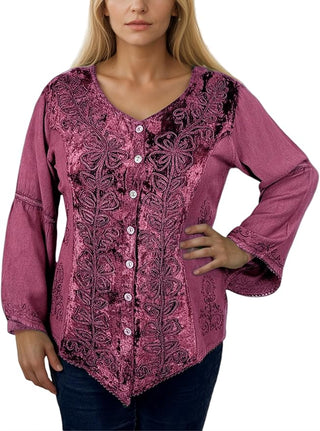 Rich Exotic Gothic Rayon Velvet Button Down Blouse Velvet Embroidered Top Blouse