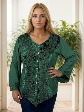 Rich Exotic Gothic Rayon Velvet Button Down Blouse Velvet Embroidered Top Blouse