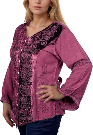 Rich Exotic Gothic Rayon Velvet Button Down Blouse Velvet Embroidered Top Blouse