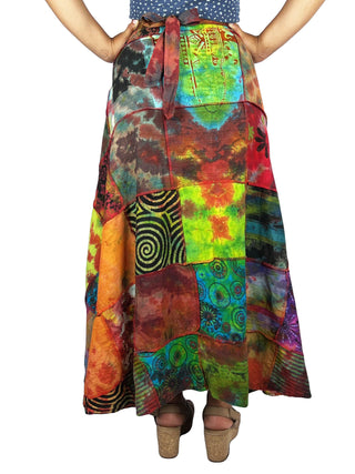 407 WS Cotton Gypsy Flower Diamond Patched Tie Dye Wrap Skirt - Agan Traders, Rainbow 