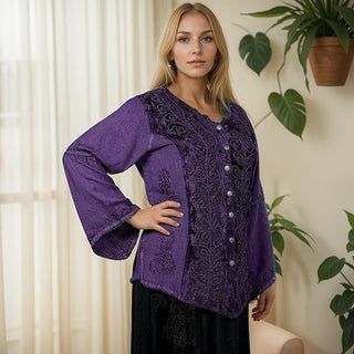 Rich Exotic Gothic Rayon Velvet Button Down Blouse Velvet Embroidered Top Blouse