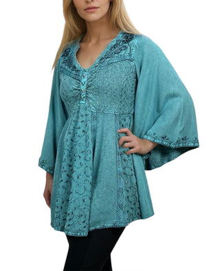 186026 B Medieval Butterfly Embroidered Beaded Bell Sleeve Top Blouse Tunic - Agan Traders, Turquoise