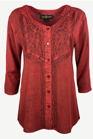 9005 B Women's Bohemian Vintage Button Down Embroidered V-Neck Blouse