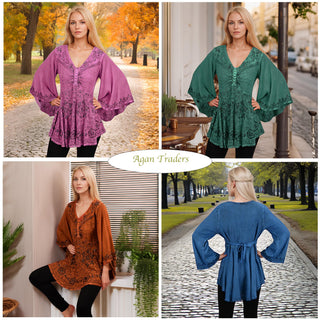 Women's Roman Butterfly Bell Sleeve Flare Hem Embroidered Sequin Tunic ~ 116 B