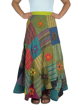 Flower Diamond Patchwork Wrap Skirt - Agan Traders, WS_Green 