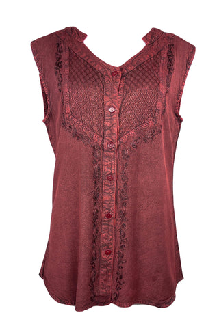 Women's Sleeveless Embroidered Bohemian Medieval Chic Summer Fashion Blouse Top - Agan Traders, Burgundy