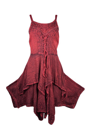 832 DR Rayon Women's Embroidered Handkerchief Spaghetti Strap Sexy Summer Sun dress - Agan Traders, Burgundy