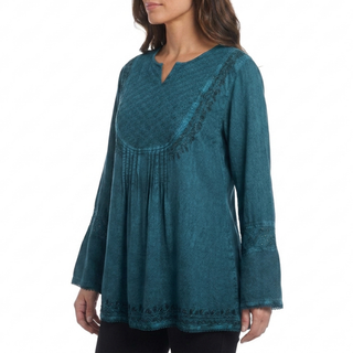9001 B Women's Bohemian Vintage Embroidered Pleated Mesh Embroidered Blouse
