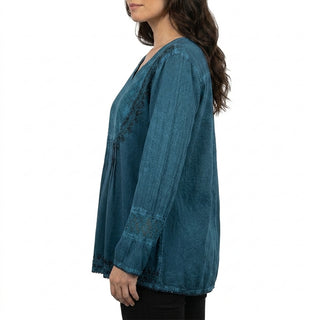 9001 B Women's Bohemian Vintage Embroidered Pleated Mesh Embroidered Blouse