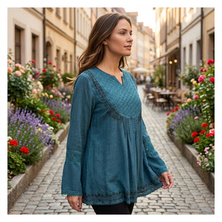 9001 B Women's Bohemian Vintage Embroidered Pleated Mesh Embroidered Blouse