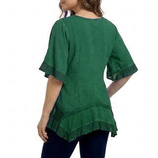 18 6027 B Bohemian Medieval Embroidered Round Neck Ruffle Hem Short Sleeve Blouse Top