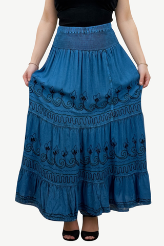 09 SKT Boho Gothic Tiered Full Embroidered Waistband Long Skirt Maxi